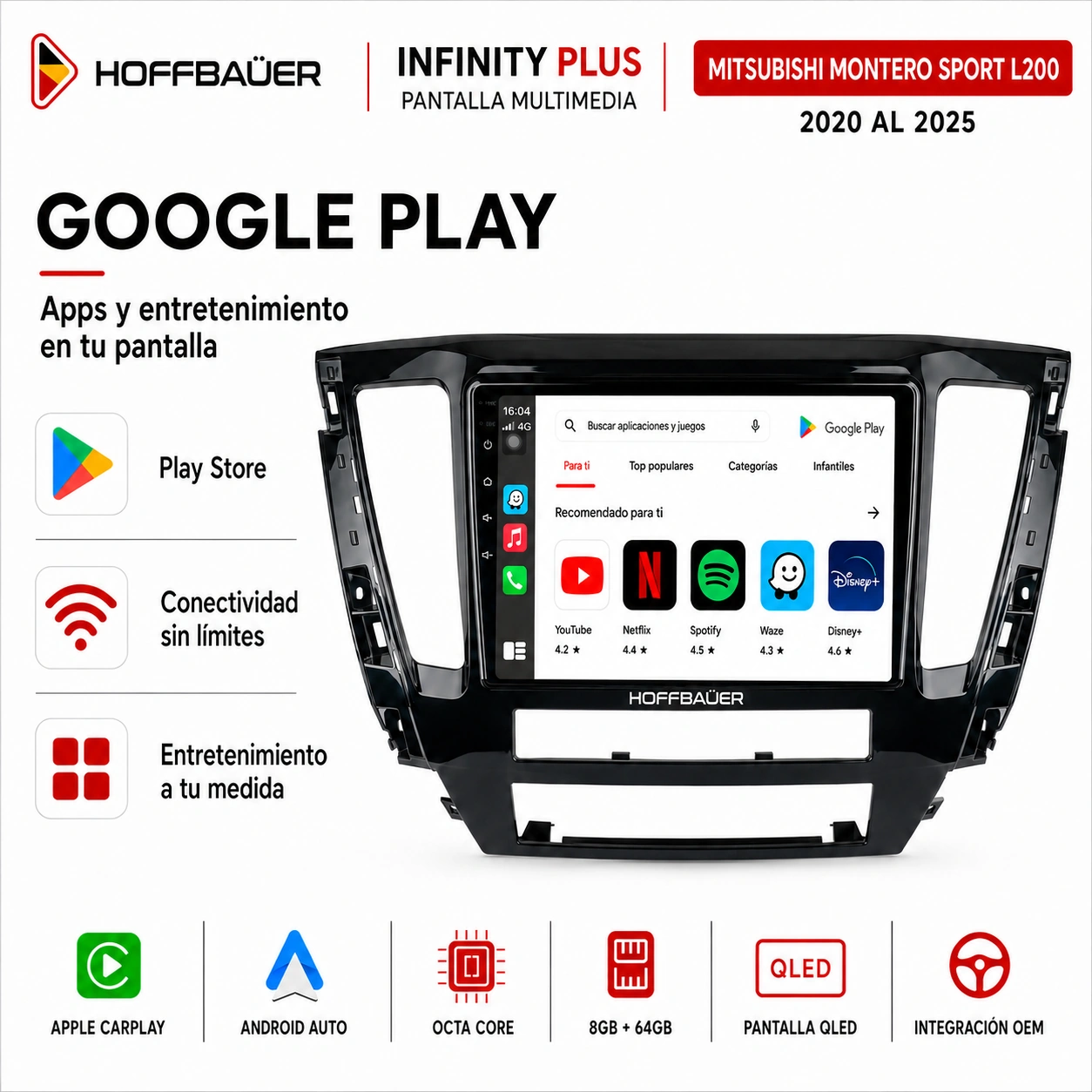 Mitsubishi Montero Sport L200 2020 al 2025 Pantalla Hoffbaüer Infinity Plus CarPlay & Android Auto - Imagen 5