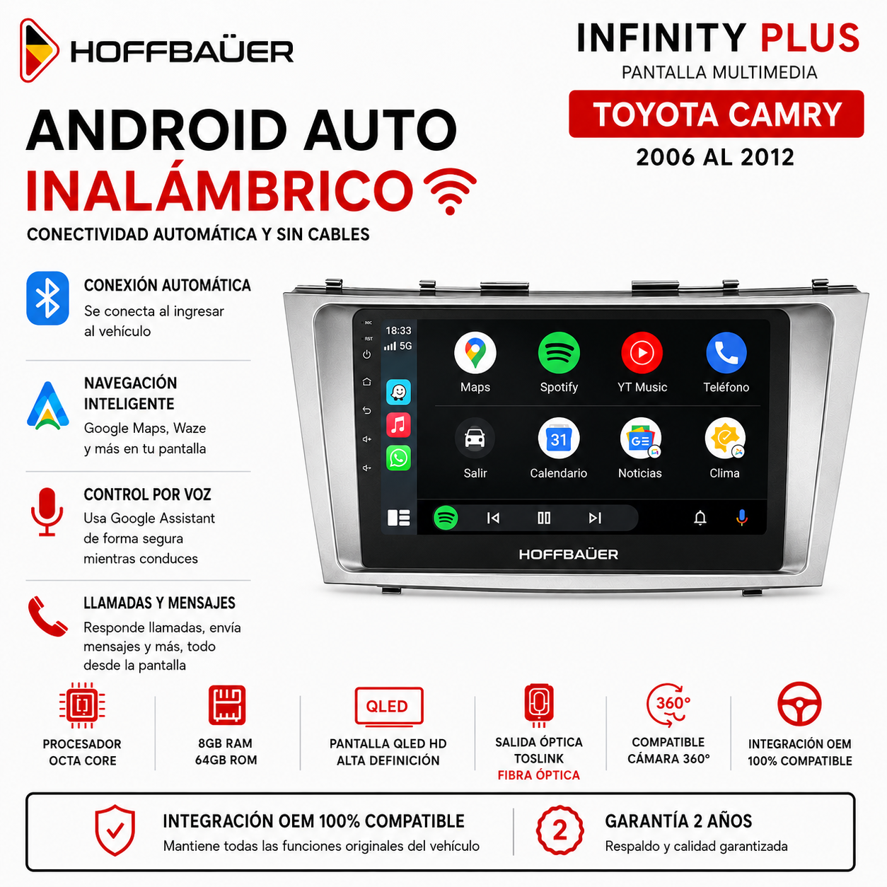 Toyota Camry 2006 al 2012 Pantalla Hoffbaüer Infinity Plus CarPlay & Android Auto - Imagen 3
