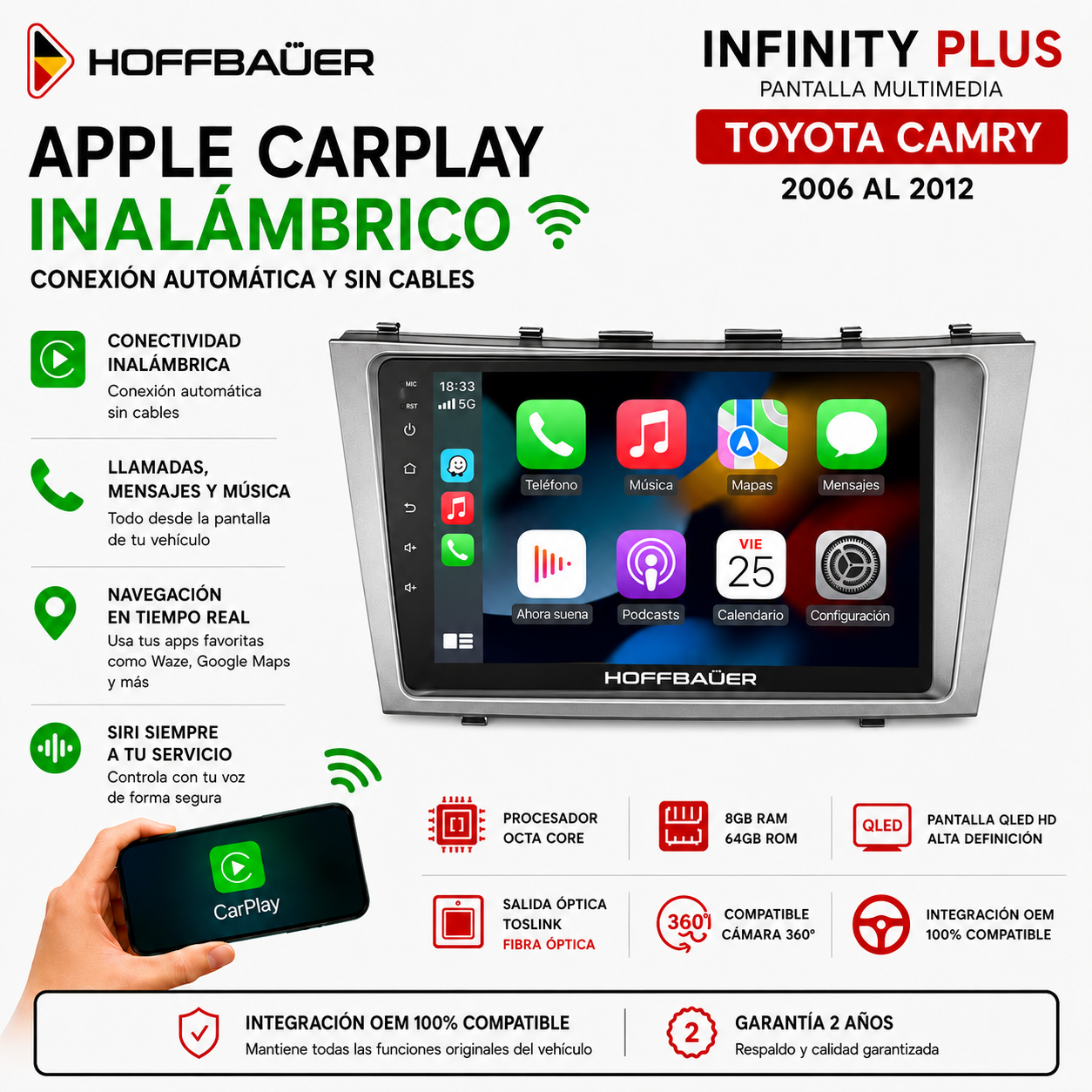 Toyota Camry 2006 al 2012 Pantalla Hoffbaüer Infinity Plus CarPlay & Android Auto - Imagen 2