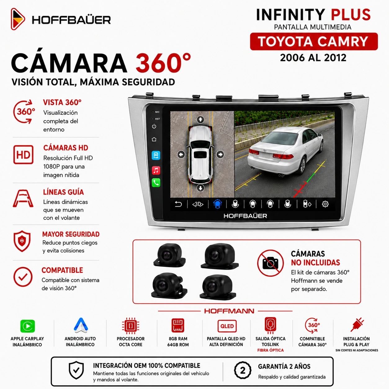 Toyota Camry 2006 al 2012 Pantalla Hoffbaüer Infinity Plus CarPlay & Android Auto
