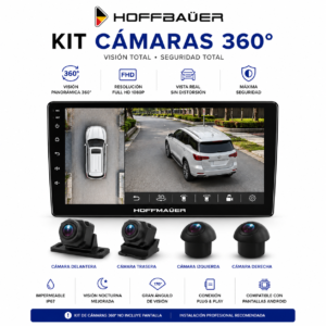 Kit de cámaras 360° HoffBäuer Full HD 1080P con cuatro cámaras AHD de alta definición para integración OEM en vehículos compatibles.
