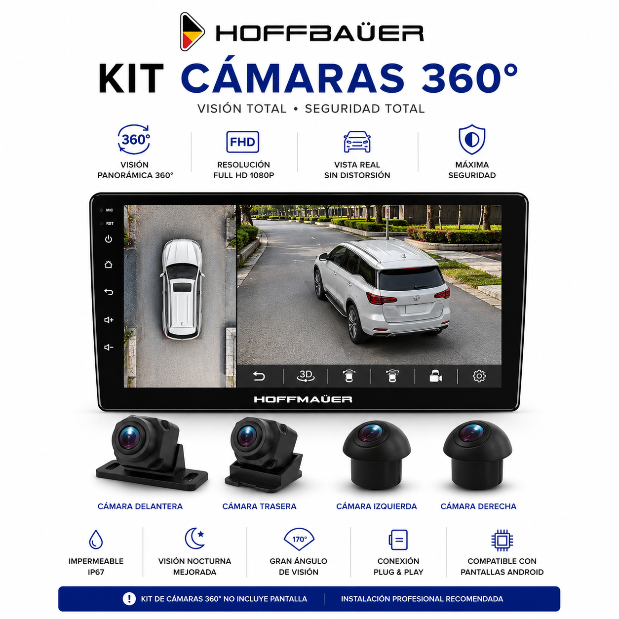 Kit de cámaras 360° HoffBäuer Full HD 1080P con cuatro cámaras AHD de alta definición para integración OEM en vehículos compatibles.