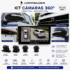 Simulación de instalación del kit de cámaras 360° HoffBäuer mostrando las cámaras instaladas en espejos laterales, parrilla delantera y portón posterior.