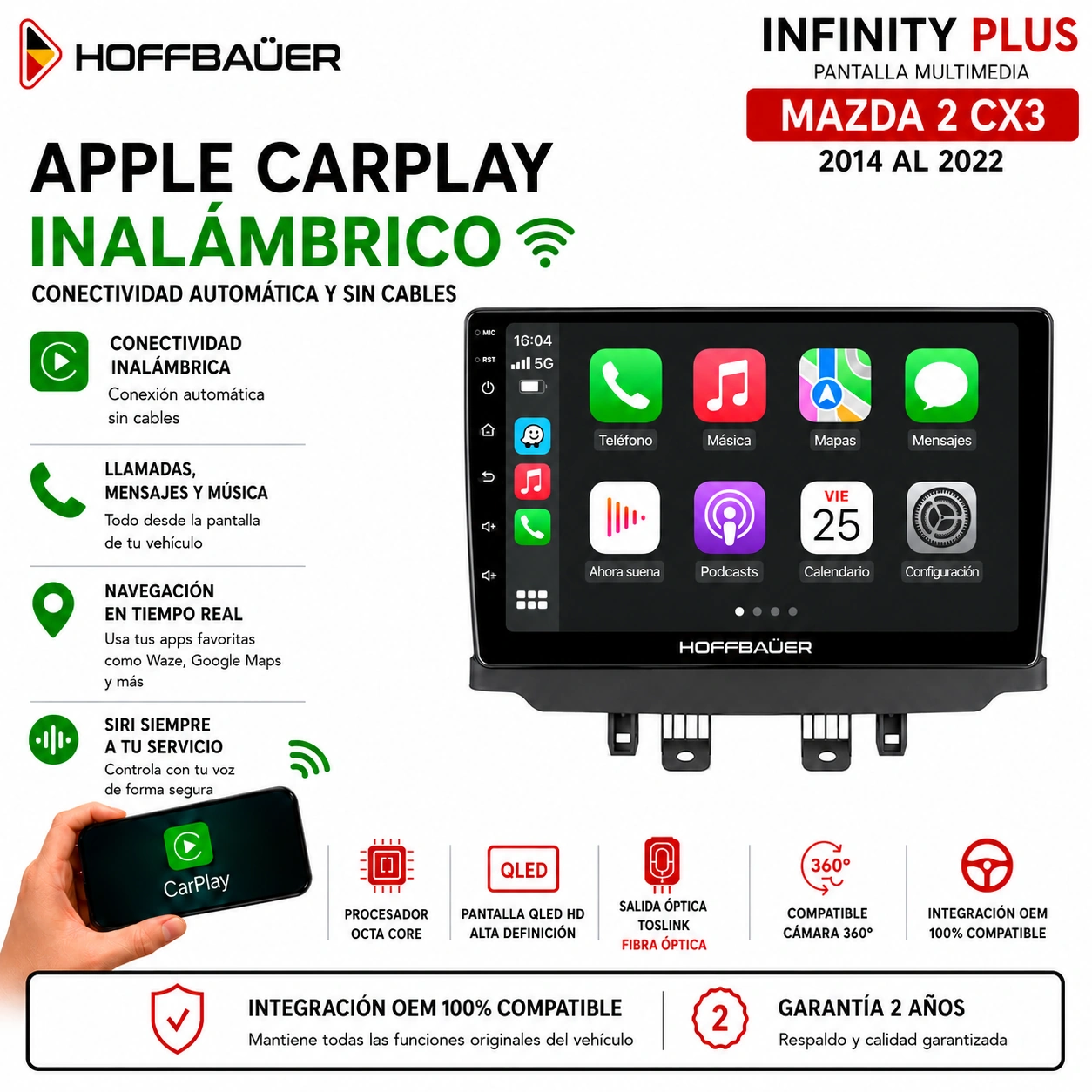 Mazda 2 CX3 2014 al 2022 Pantalla Hoffbaüer Infinity Plus CarPlay & Android Auto - Imagen 2