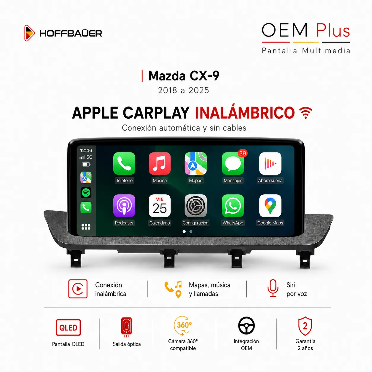 Mazda CX9 2018 al 2025 Pantalla Hoffbaüer OEM Plus CarPlay & Android Auto - Imagen 3