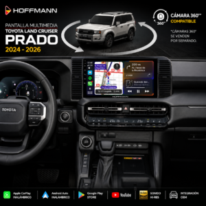 Pantalla Hoffmann Infinity Plus instalada en Toyota Land Cruiser Prado 2024, 2025 y 2026 con Apple CarPlay, Android Auto, Google Play y compatibilidad con cámaras 360° Hoffmann.