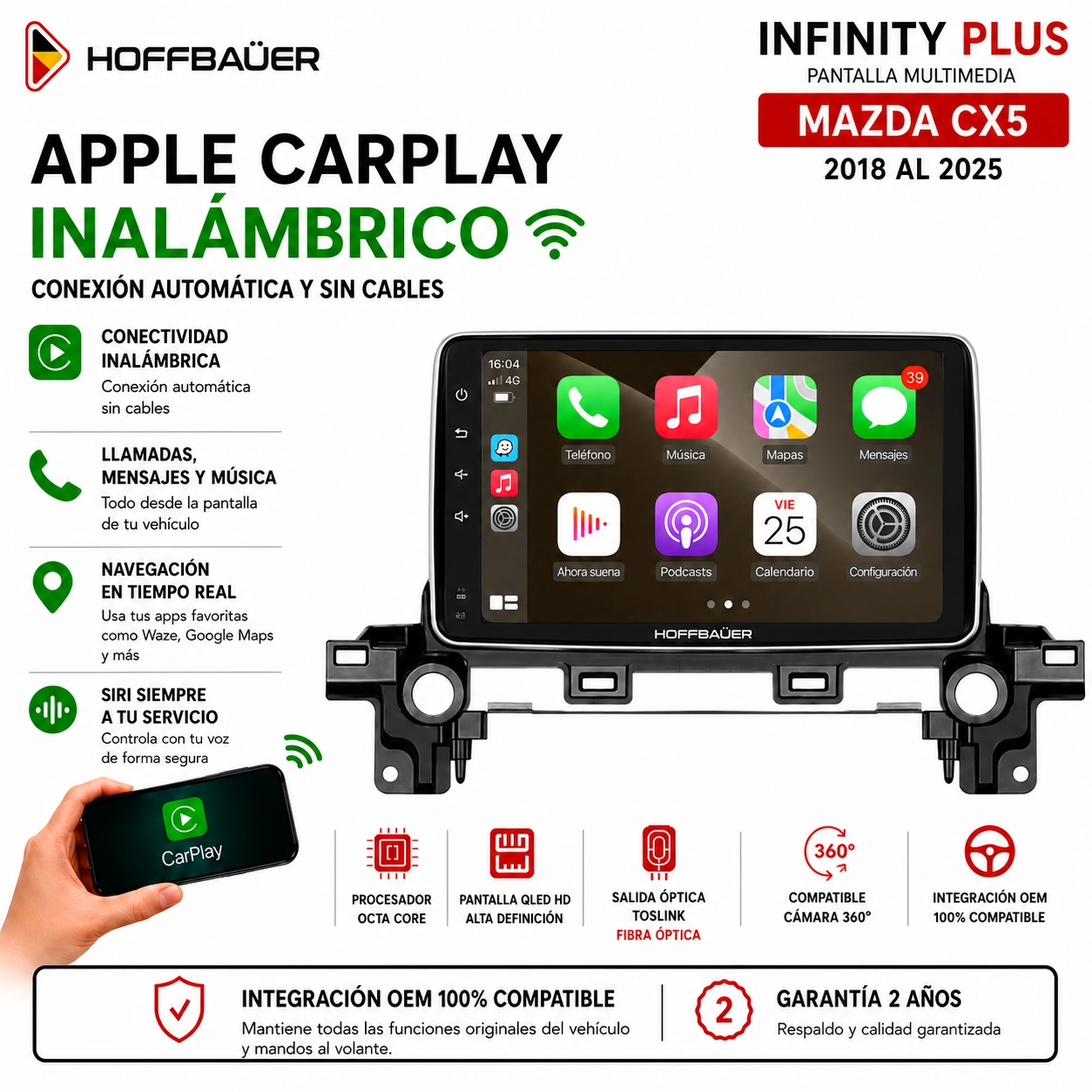 Mazda CX5 2018 al 2025 Pantalla Hoffbaüer Infinity Plus CarPlay & Android Auto - Imagen 2