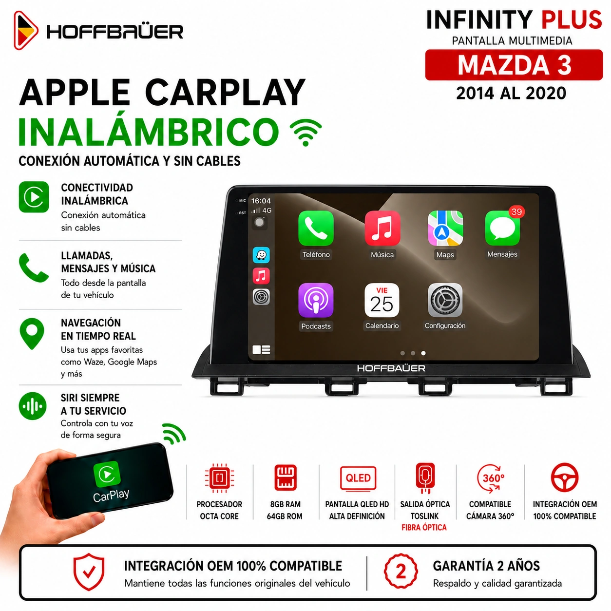 Mazda 3 2014 al 2020 Pantalla Hoffbaüer Infinity Plus CarPlay & Android Auto - Imagen 2