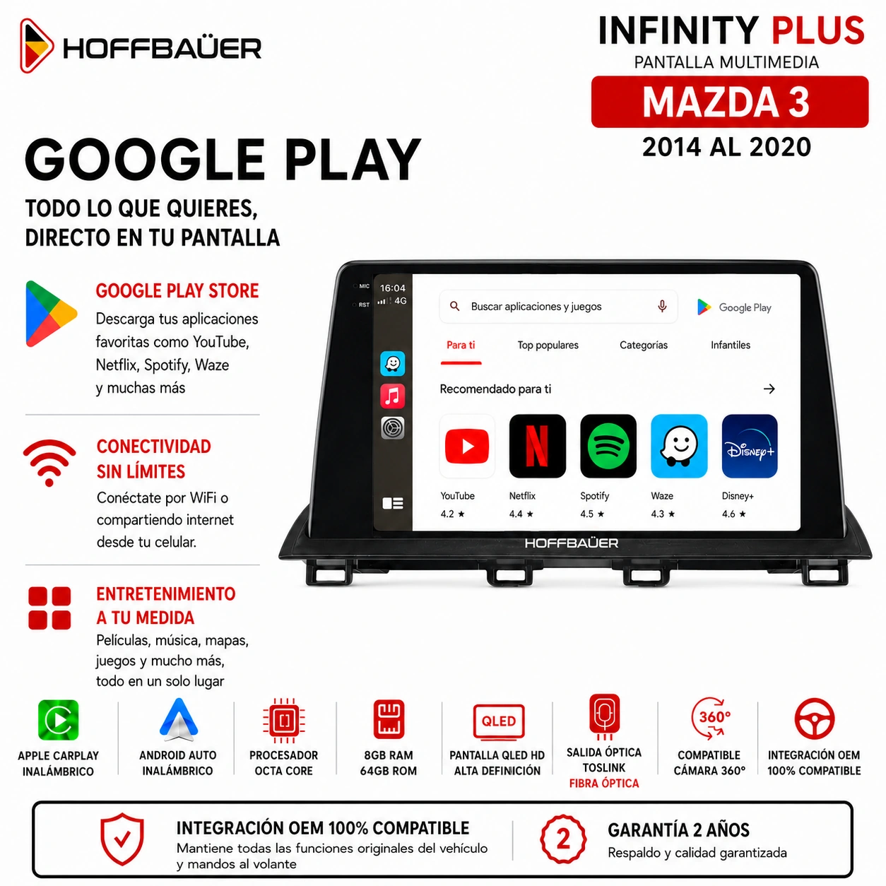 Mazda 3 2014 al 2020 Pantalla Hoffbaüer Infinity Plus CarPlay & Android Auto - Imagen 4