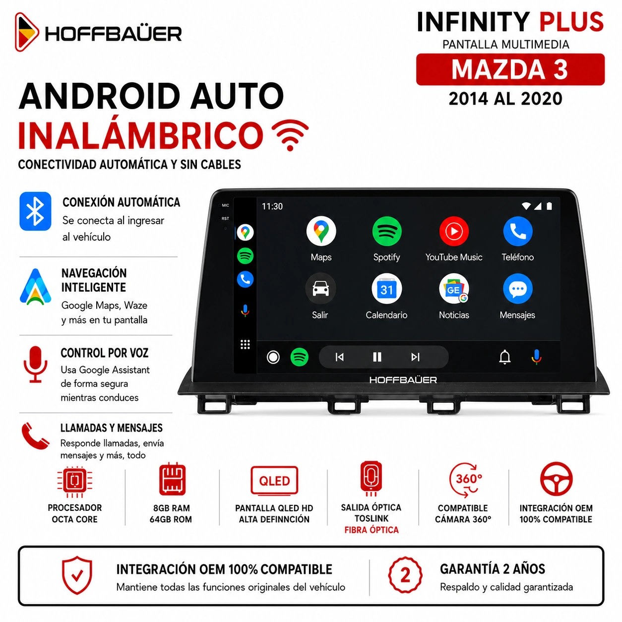 Mazda 3 2014 al 2020 Pantalla Hoffbaüer Infinity Plus CarPlay & Android Auto - Imagen 3