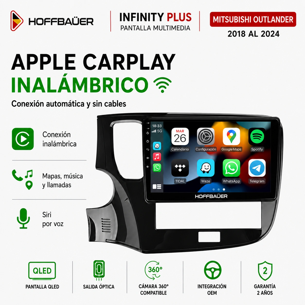 Mitsubishi Outlander 2018 al 2024 Pantalla Hoffbaüer Infinity Plus CarPlay & Android Auto - Imagen 3