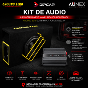 Kit de audio compuesto por subwoofer pasivo Ground Zero GZRB 16SPL y amplificador monoblock Aunex AC500.1D para bajos profundos y alto rendimiento.