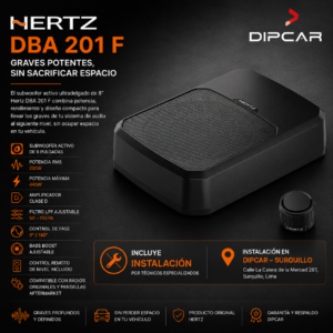 Subwoofer activo Hertz DBA 201 F de 8 pulgadas con amplificador integrado y control remoto de nivel, instalación profesional en Dipcar Surquillo.