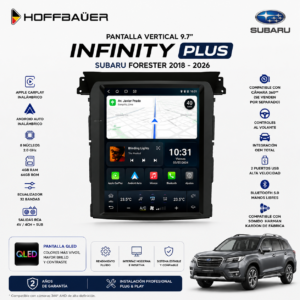 Pantalla vertical HoffBäuer OEM Plus de 9.7 pulgadas para Subaru Forester 2018 al 2026 con integración OEM, Apple CarPlay y Android Auto inalámbricos.