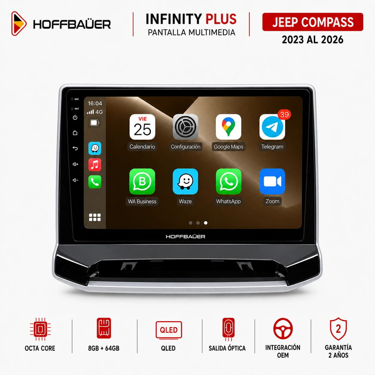 Jeep Compass 2023 al 2026 Pantalla Hoffbaüer Infinity Plus CarPlay & Android Auto